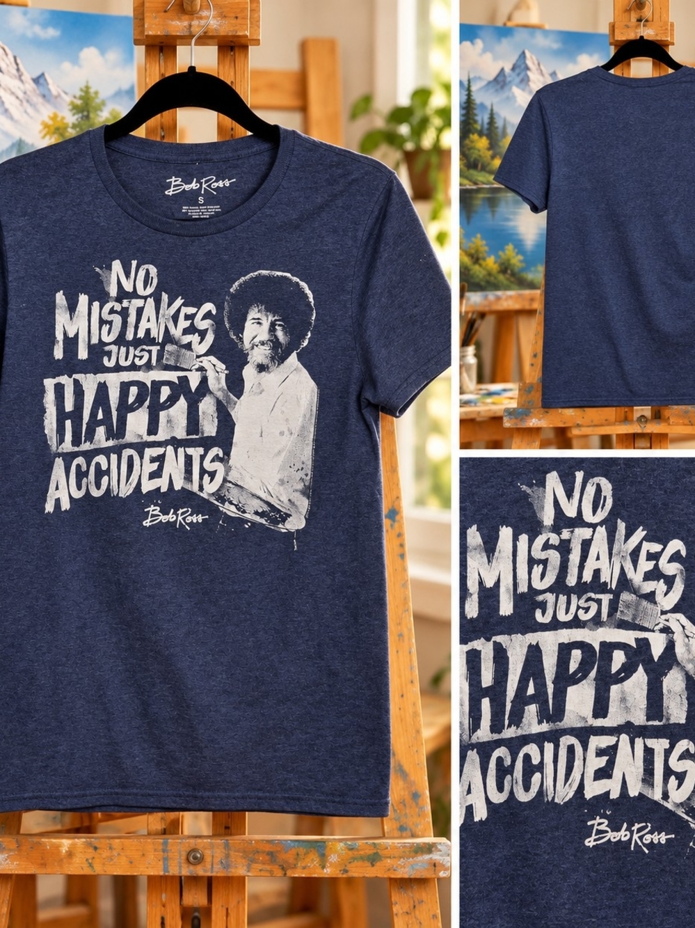 Bob Ross Happy Accidents Graphic Tee S Retro Artistcore Art Lover Blue Unisex